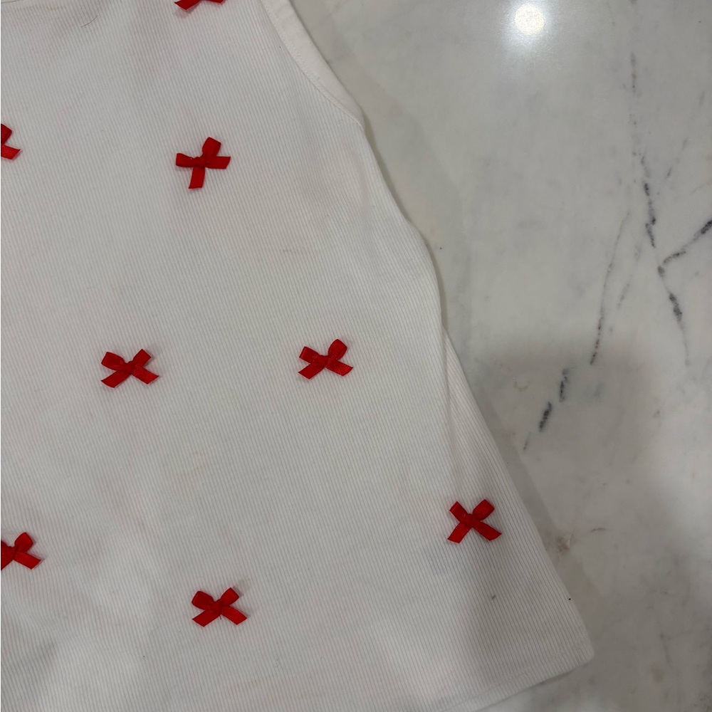 White Tank Top with Red Bow Details